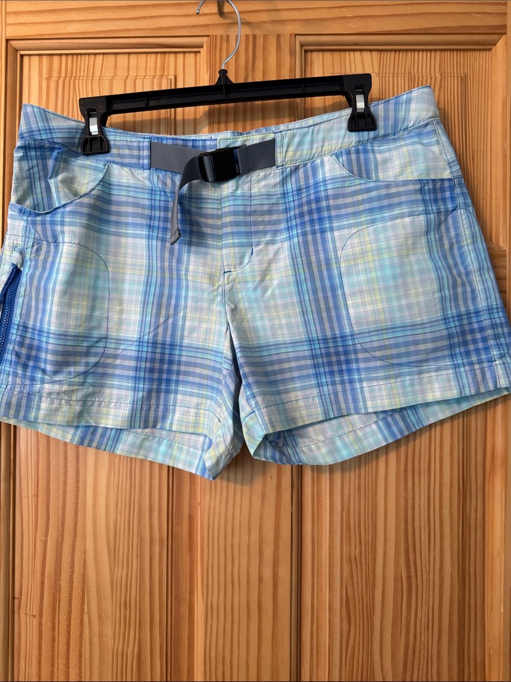 Columbia Blue Plaid Athletic Shorts with Built-In Belt